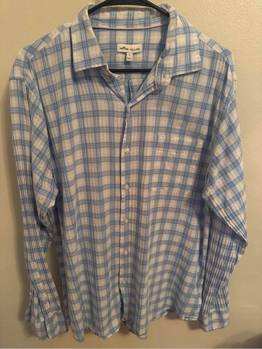 Peter Millar Men’s Light Blue Plaid Button-Up  Sport Shirt 100% cotton